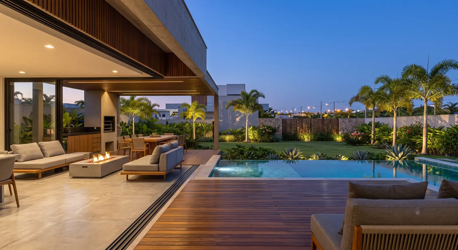 Varanda gourmet integrada ao jardim com lareira externa, deck e piscina de borda infinita ao anoitecer
