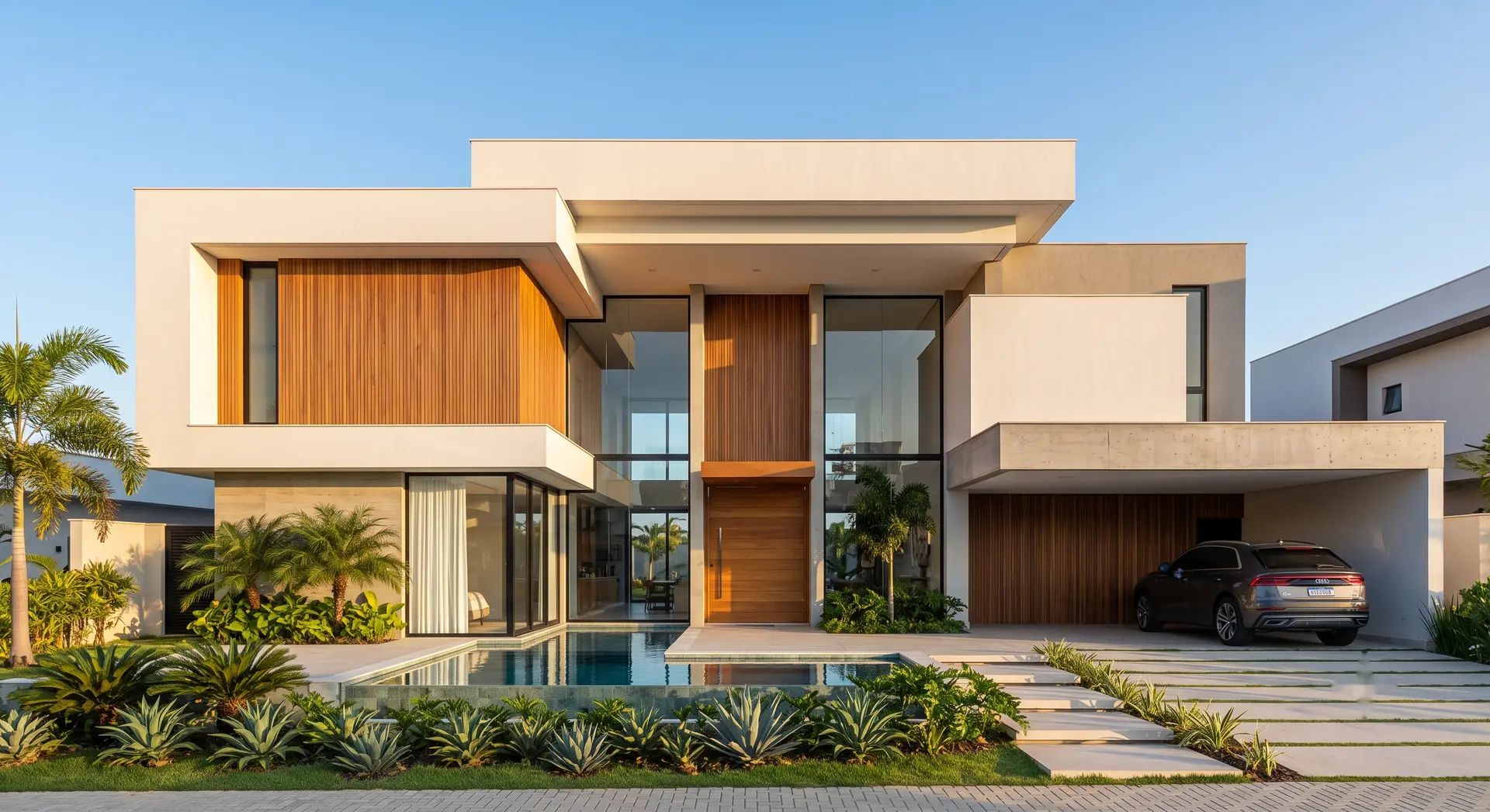Residência contemporânea de alto padrão com fachada em madeira, vidro e volumes brancos ao entardecer