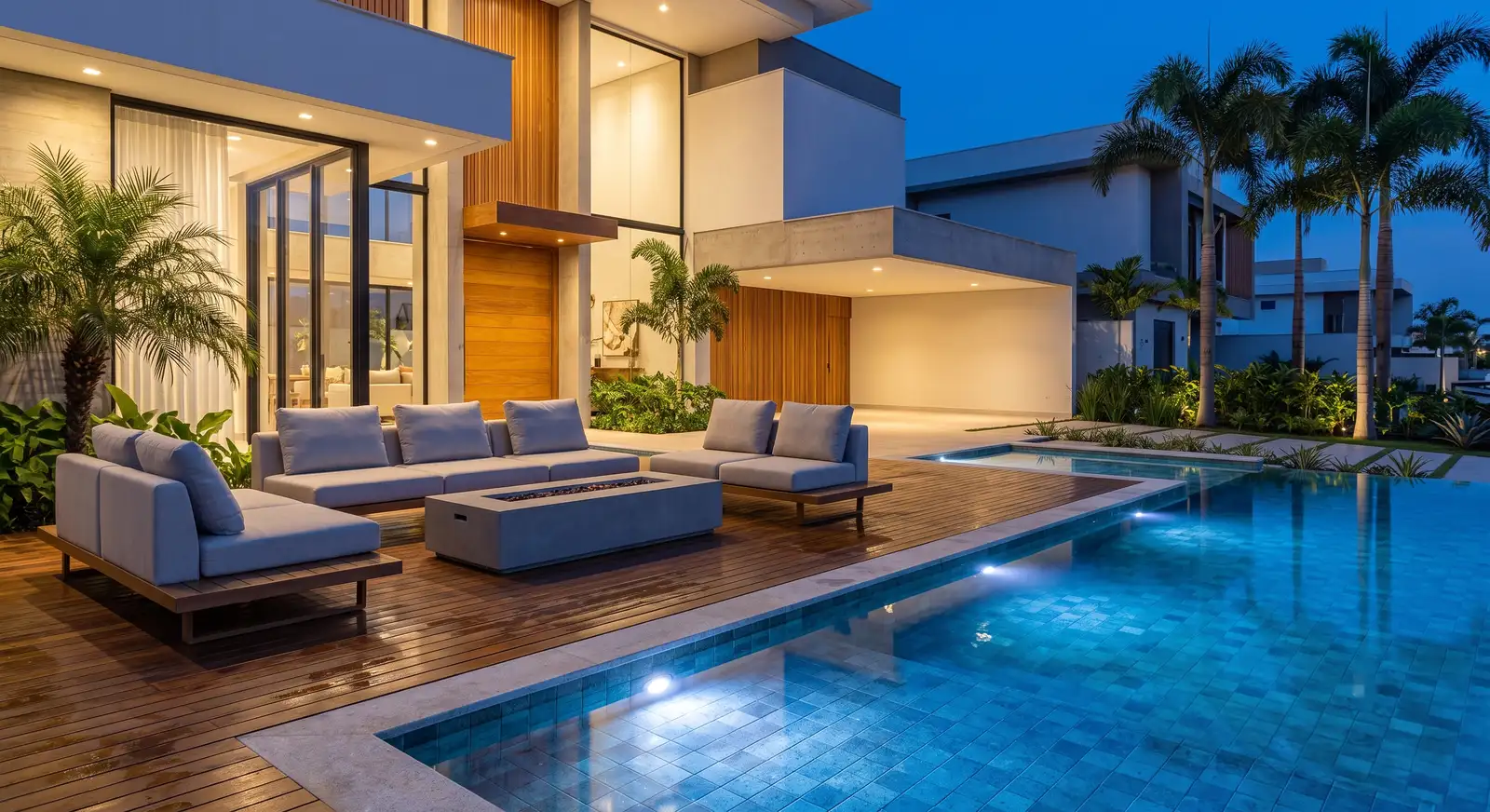 Área externa noturna com piscina iluminada, deck de madeira e lounge com lareira