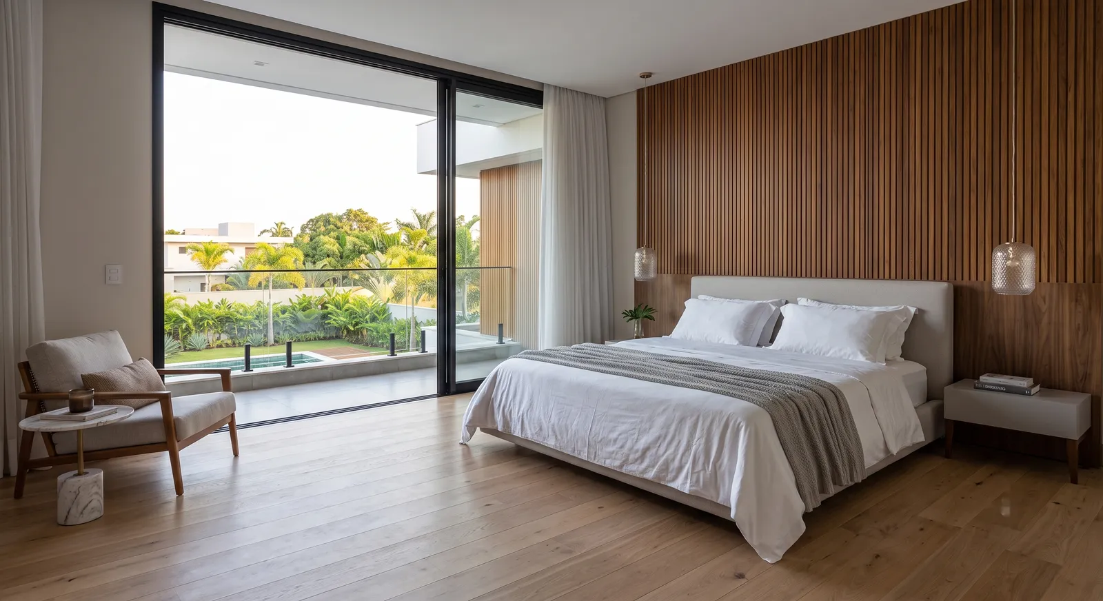 Suíte master com painel ripado em madeira natural, luz suave e vista para jardim tropical